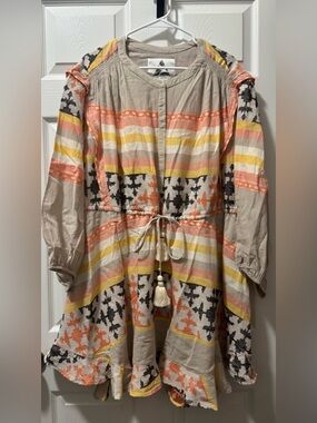 Tie-Waist Boho Midi Dress in Beige with Coral & Yellow Stripes